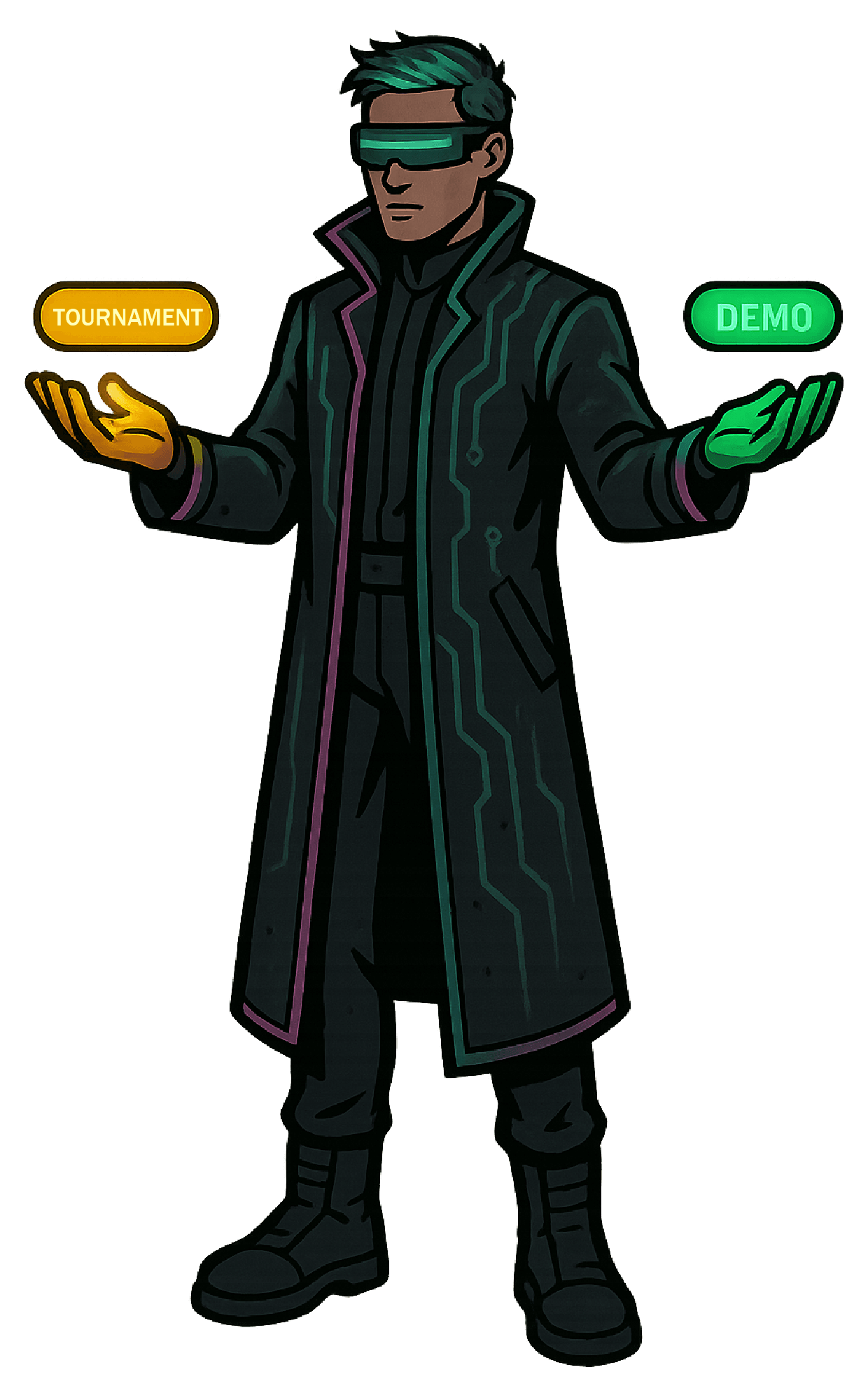 Cyberpunk holding two capsules: yellow (Tournament) and green (Demo)